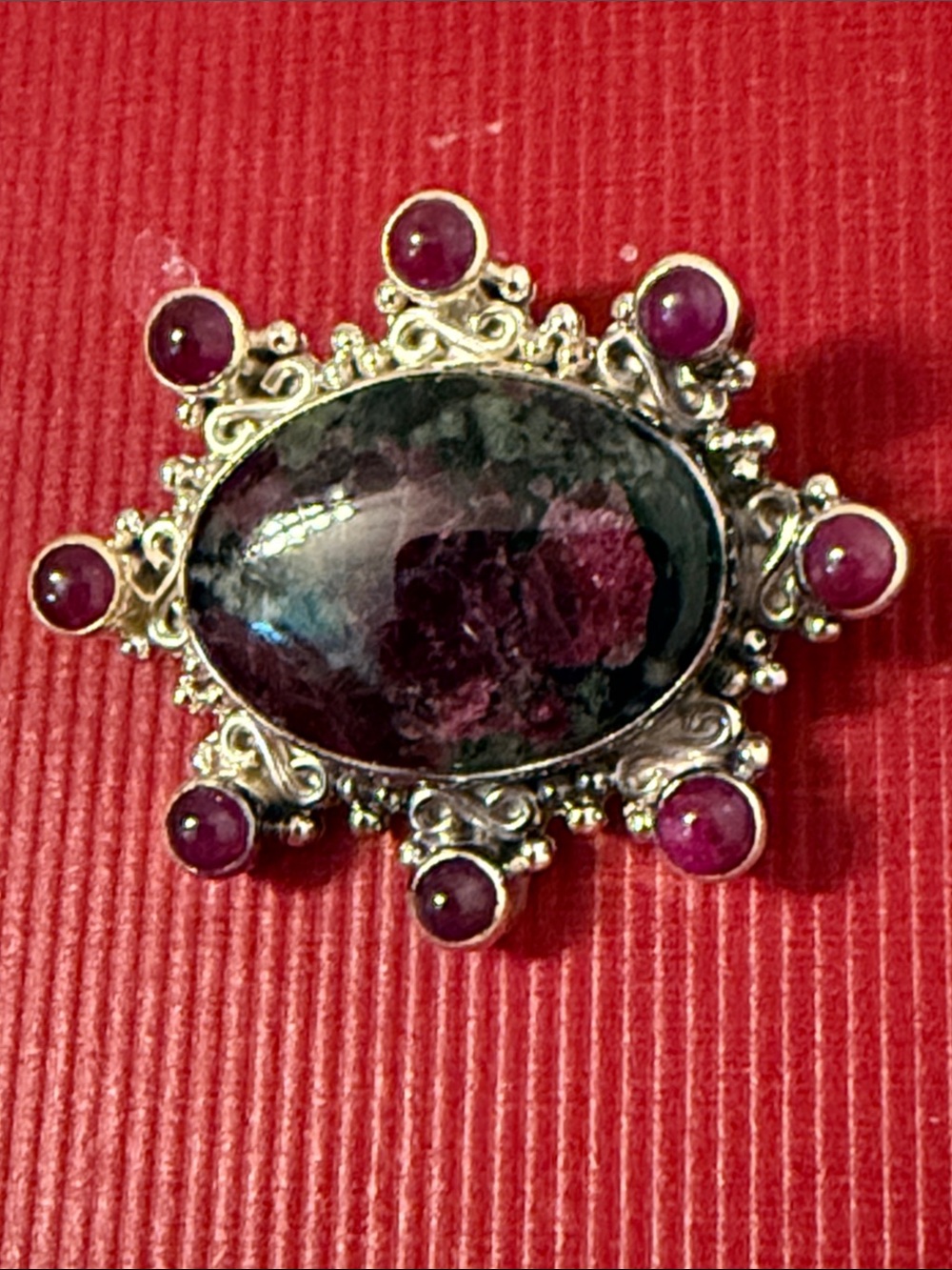 SAJEN ARTISAN BROOCH PENDANT STERLING SILVER 925 EUDIALYTE GARNETS PINK GREEN